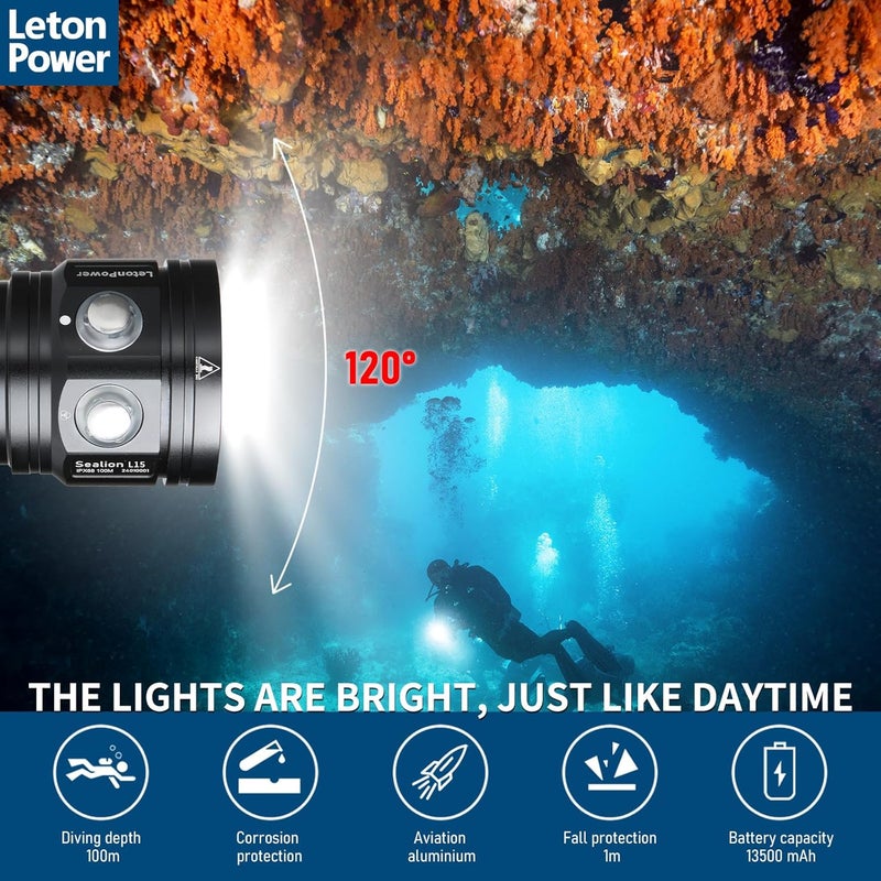 LetonPower L15 10000 Lumens Underwater Video Light - 100m (330ft) Waterproof Dive Video Light with USB-C Charging, Professional Floodlight for Scuba Diving, Snorkeling & Underwater Photography - Image 3